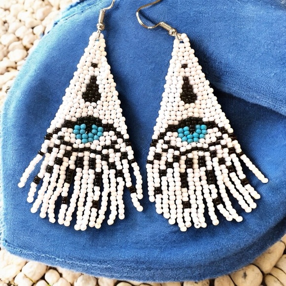 Evil Eye Seed Bead Fringe Earrings: Boho Dangle Earrings Handcrafted White Blue - Picture 11 of 17